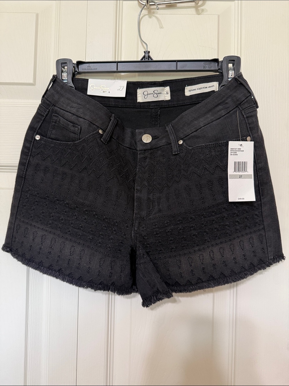 Jessica Simpson Black Embroidered Frayed Hem Denim Shorts